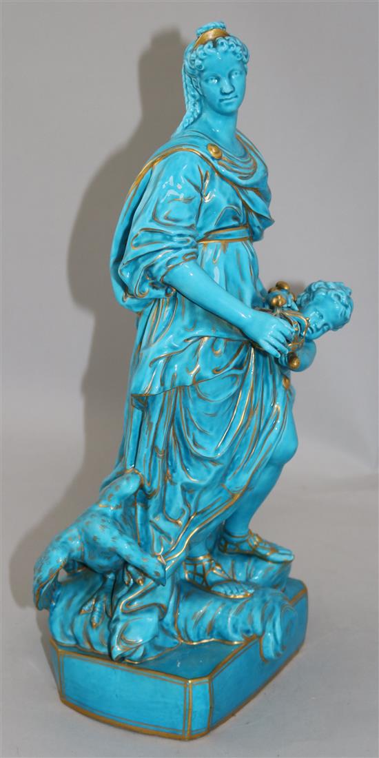 A Sevres style turquoise glazed and gilt decorated group of the Queen cherub, 42cm